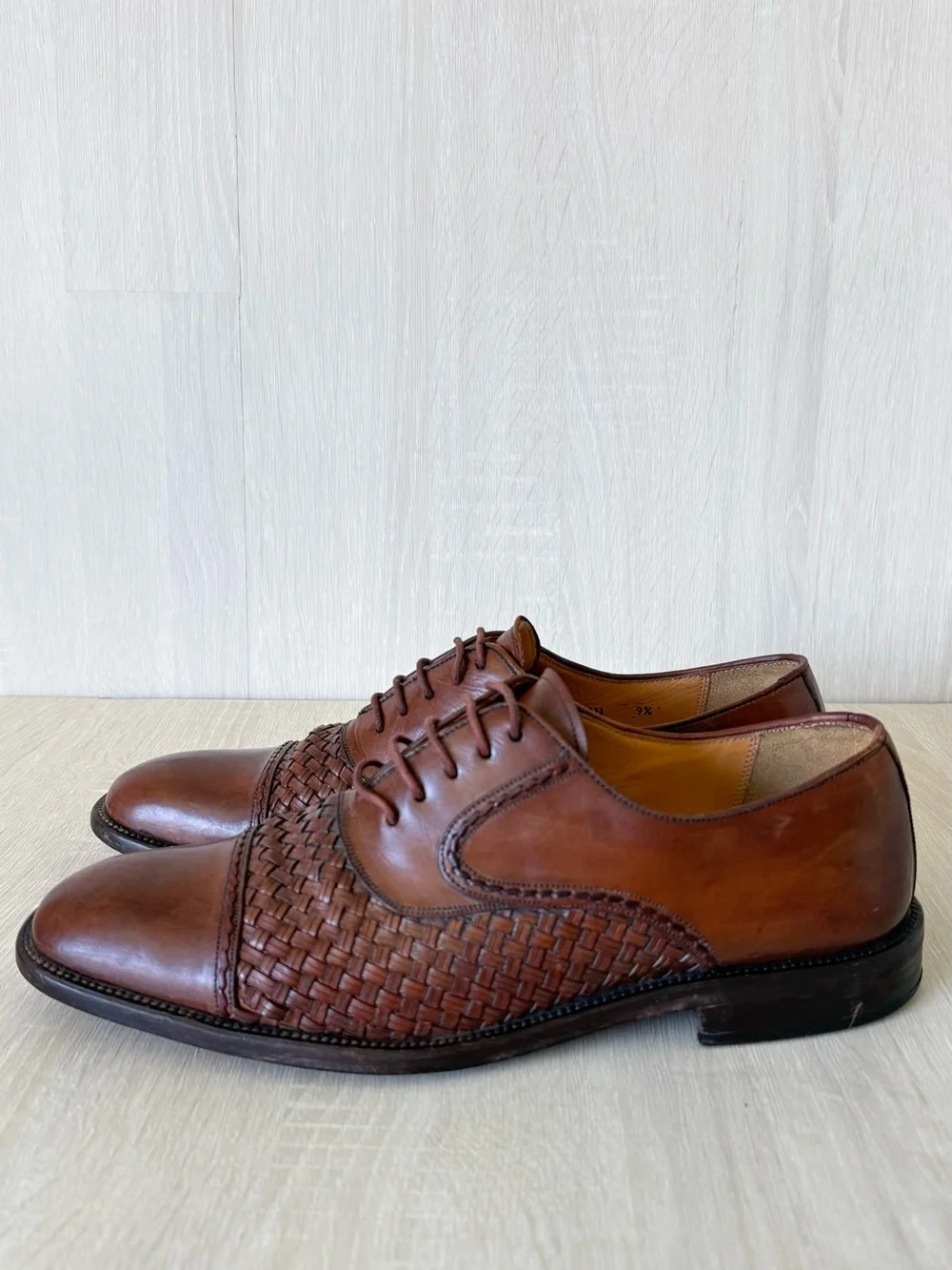 Mezlan San Juan Men’s 9.5 Brown Leather Woven Cap Toe Oxford Dress Shoes